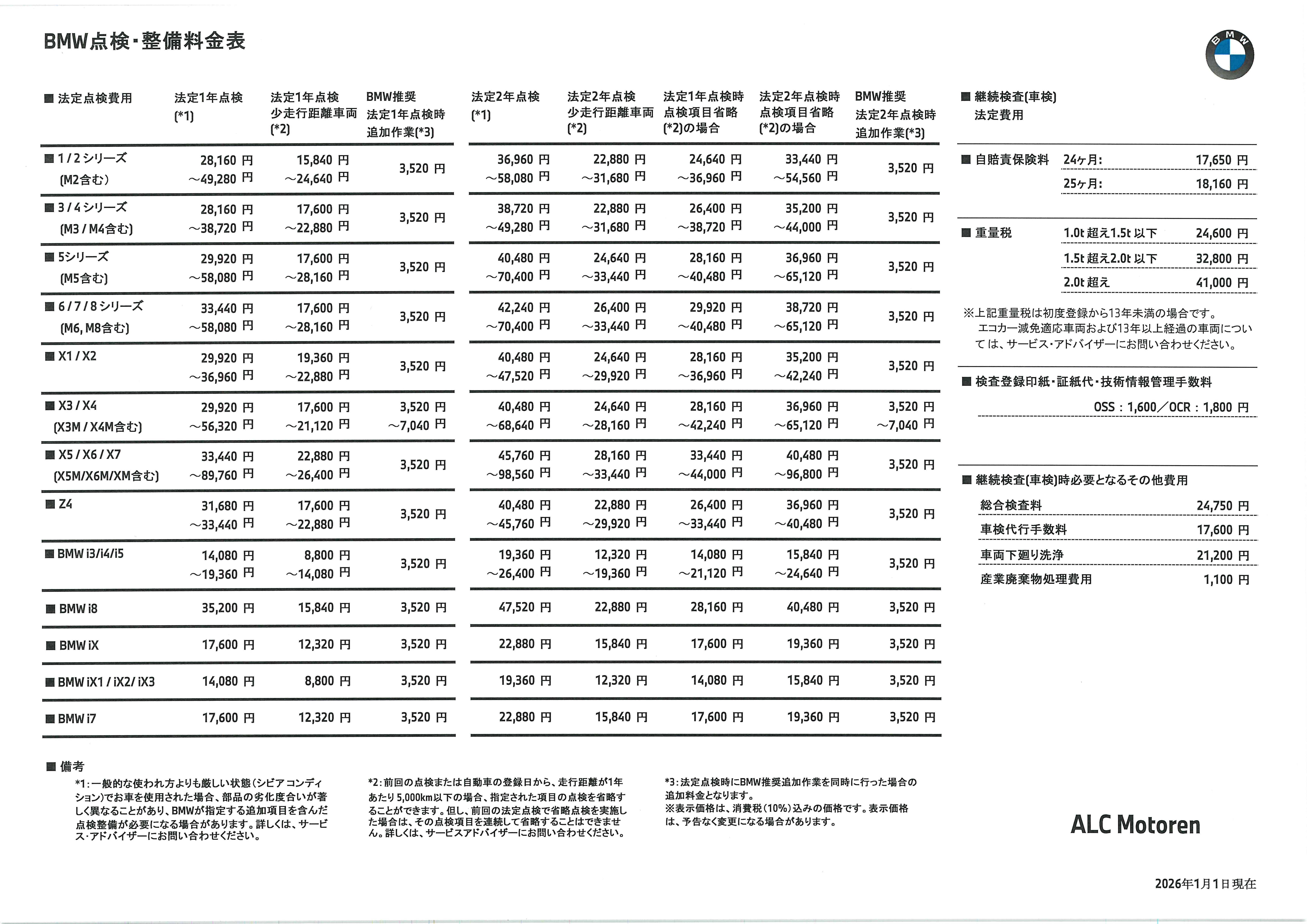 点検整備料金表
