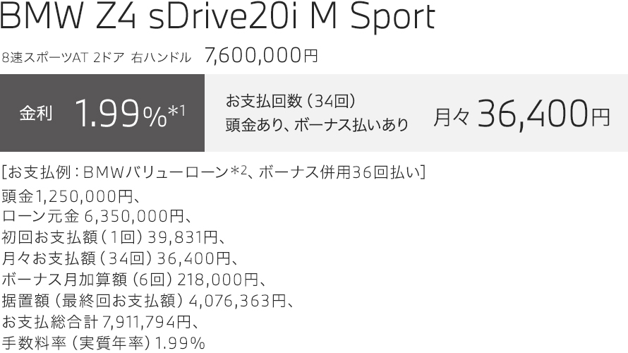BMW Z4 sDrive20i M Sport　お支払い例
